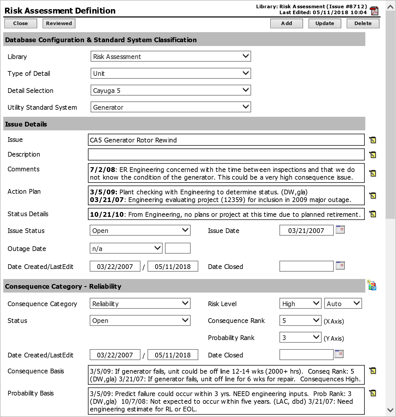 Risk issue definition form screen print